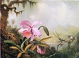 Famous Lake Paintings - Orchids and Hummingbirds near a Mountain Lake